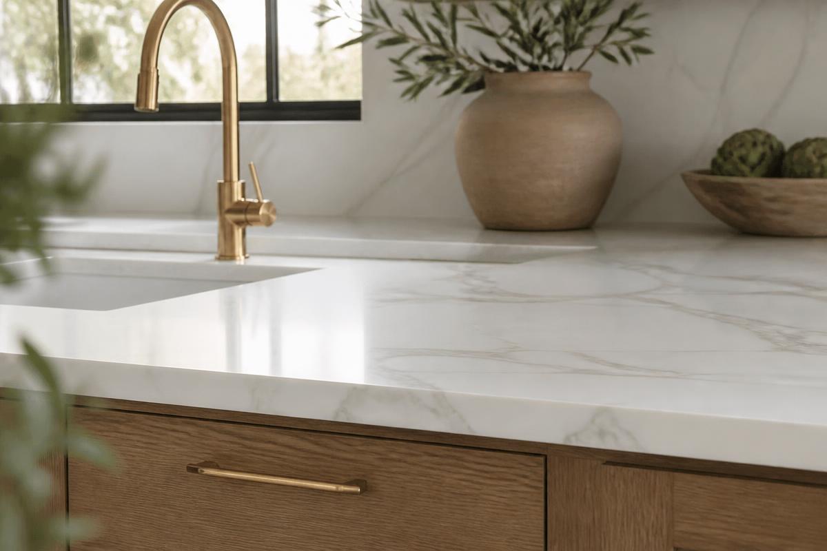 Warm wood cabinets under a white marble worktop