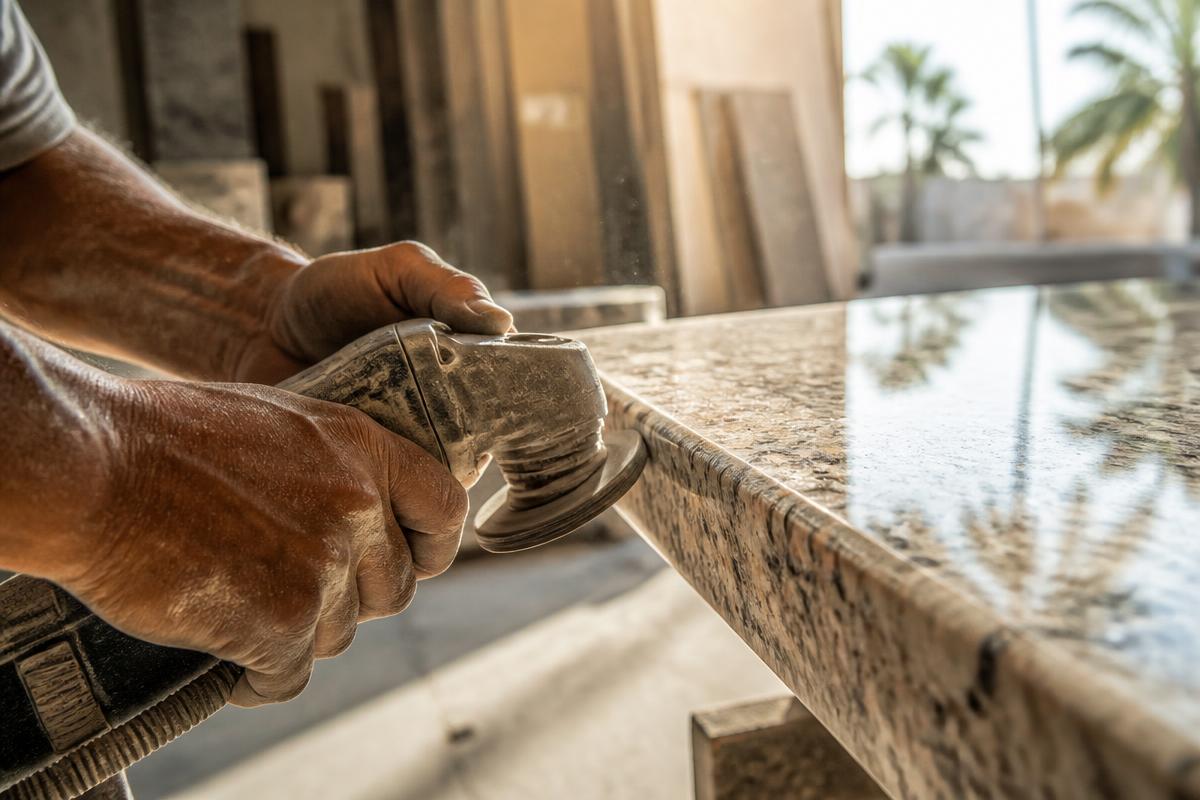 Fabricator polishing the edge of a stone countertop in the Lakeland shop