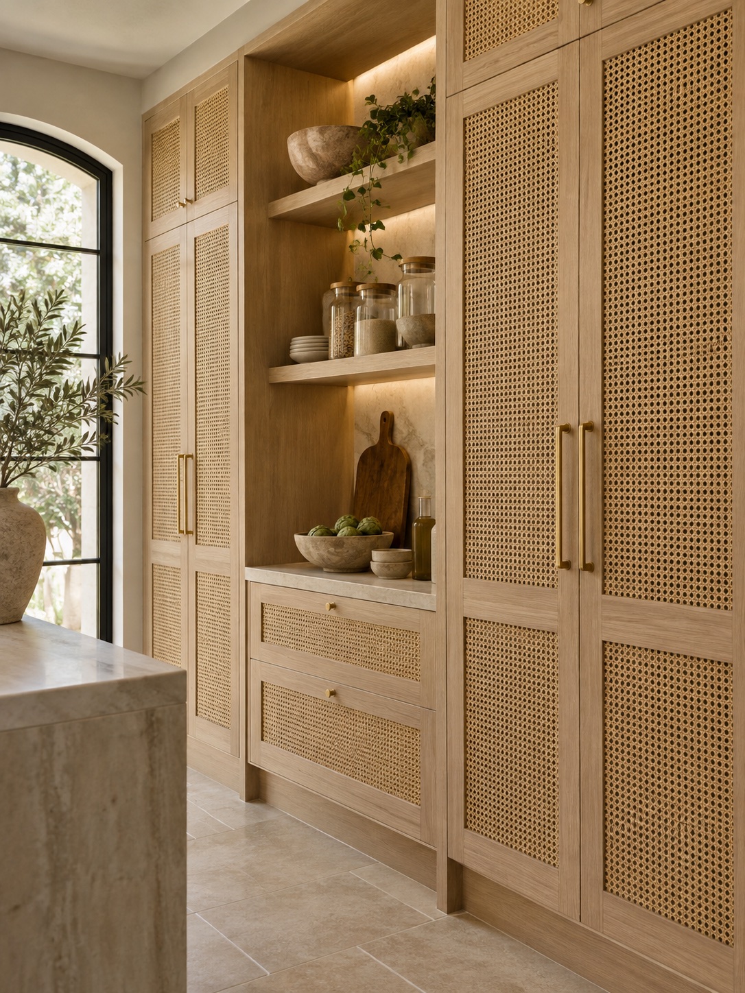 Natural Cane or Woven Rattan Door in Fully Custom cabinetry