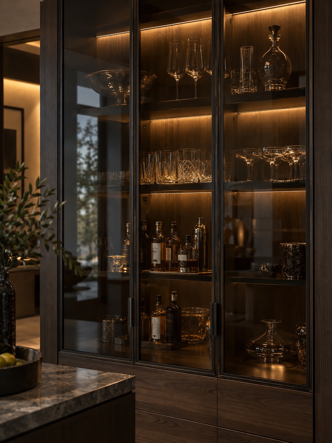 Reflective Glass Door in Fully Custom cabinetry