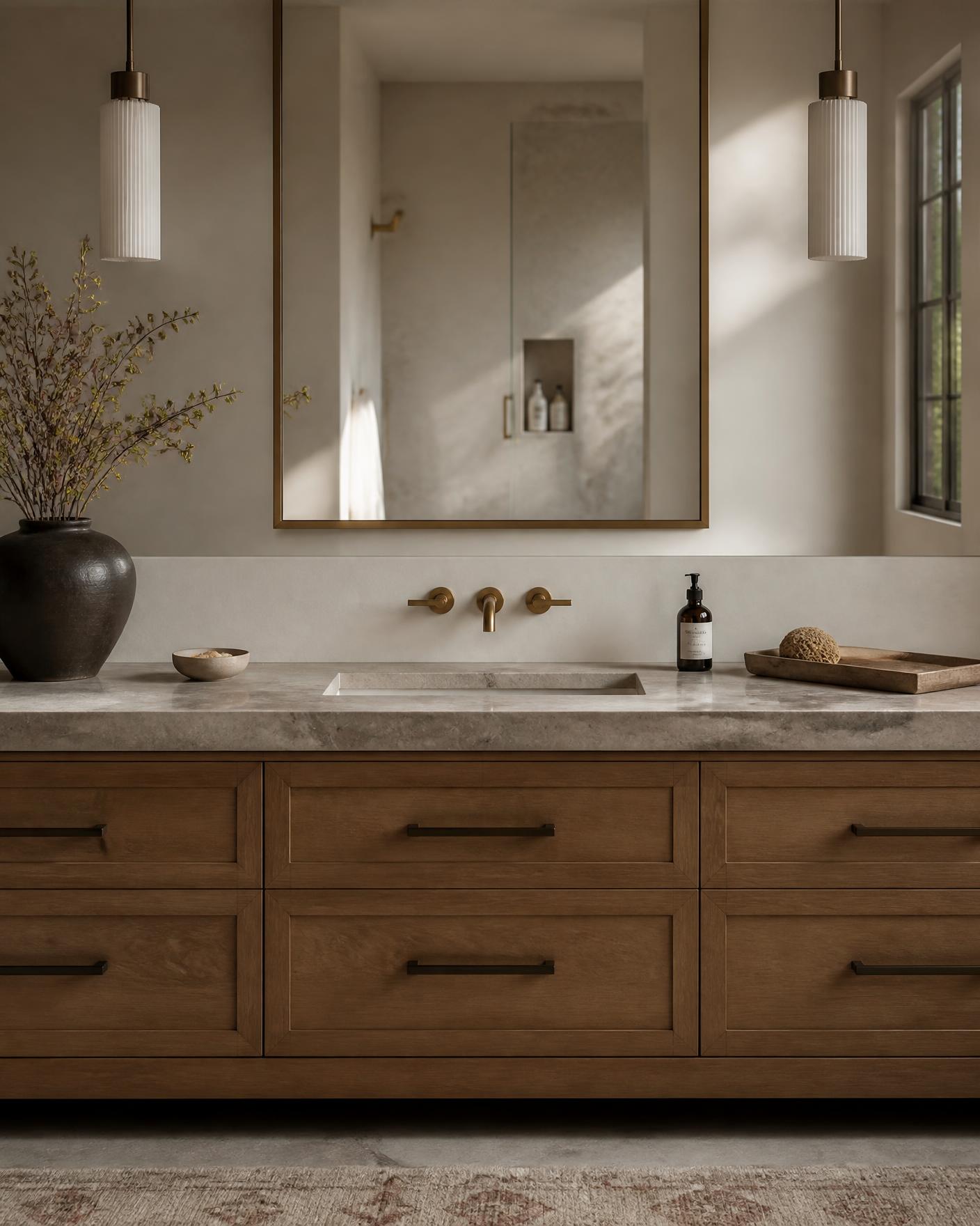 Bathroom vanity with a honed stone top and wood cabinetry