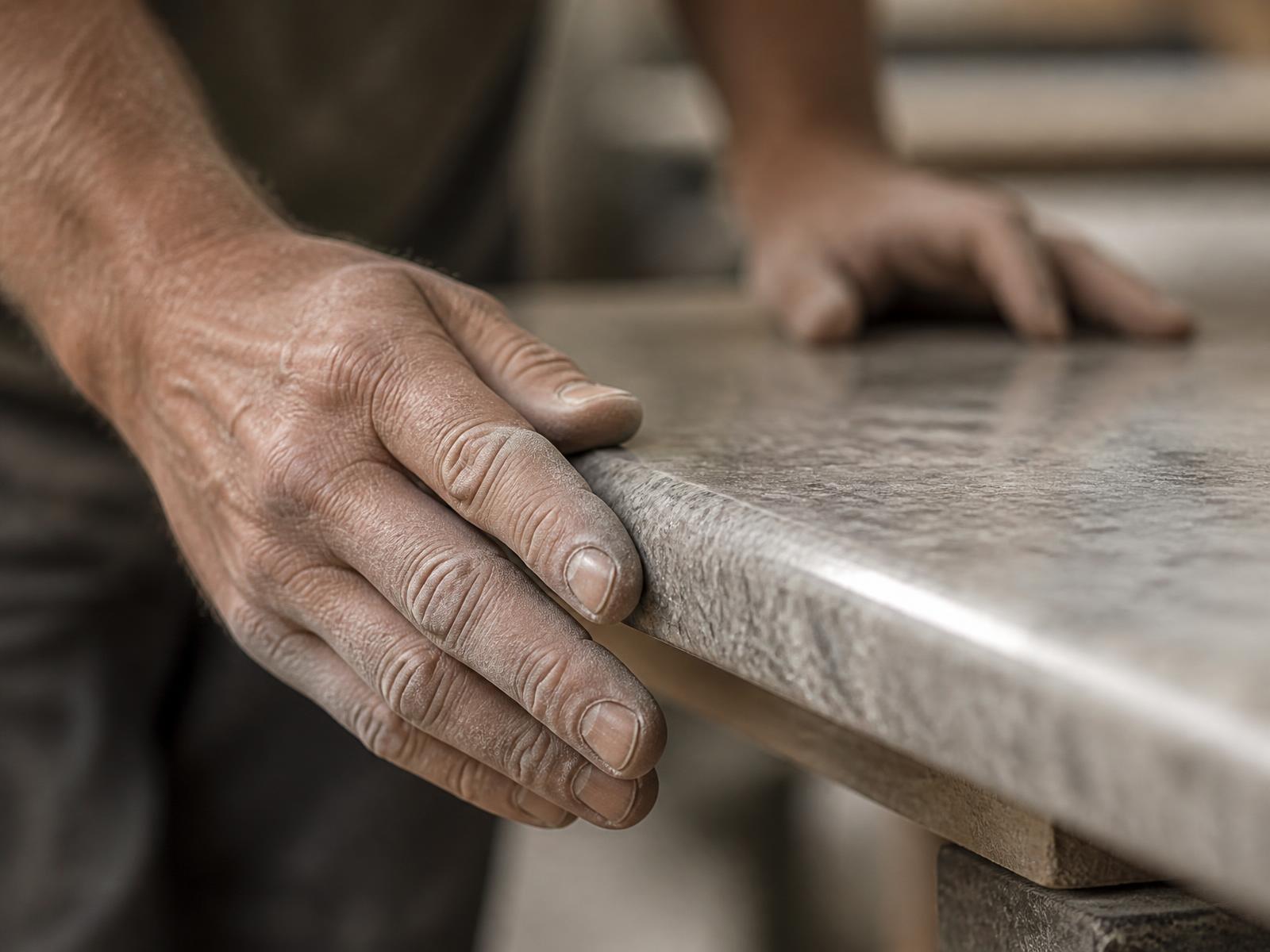 Fabricator's hands running along the polished edge of a stone countertop