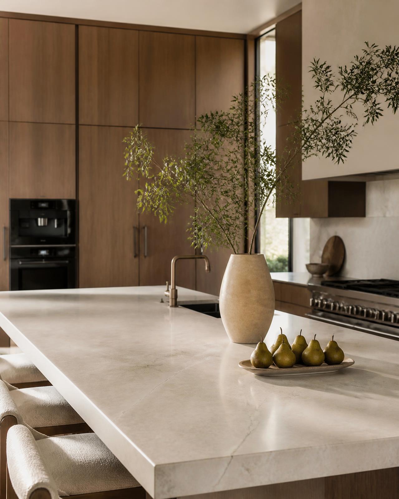 Florida kitchen with a veined stone island countertop
