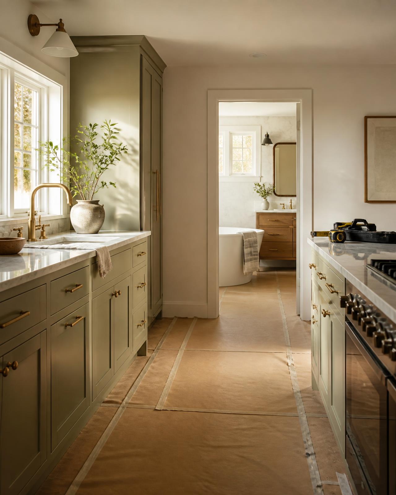 Fabricated stone surfaces and cabinetry in a finished interior