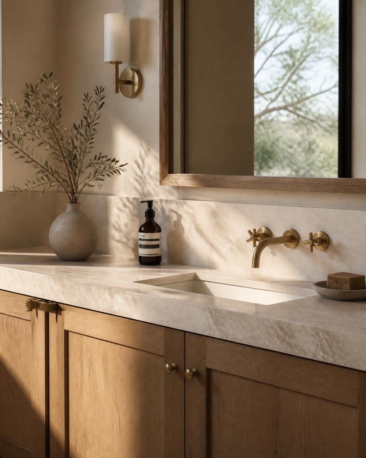 Bathroom vanity with wood cabinetry and a honed stone top