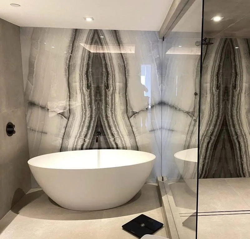 Bathroom stone surfaces and cabinetry