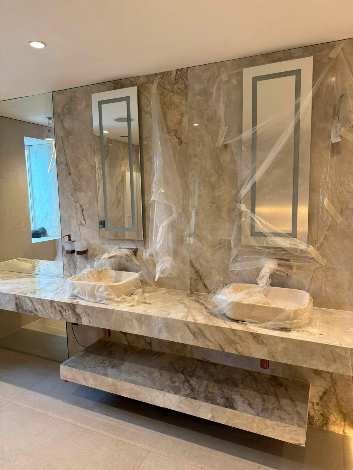 Bathroom stone surfaces and cabinetry