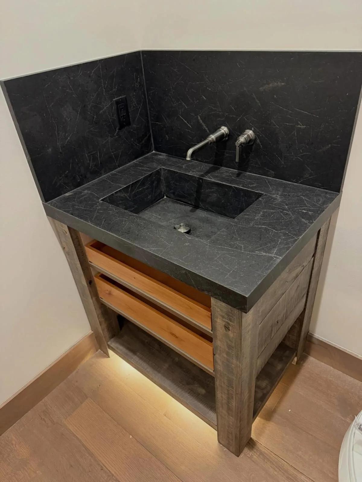 Bathroom stone surfaces and cabinetry